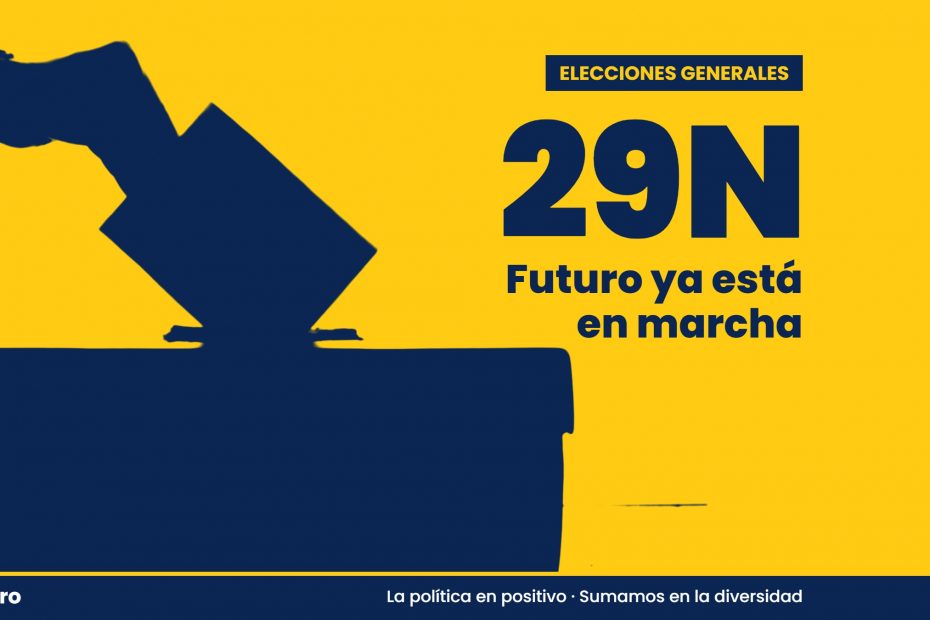 Silueta de una mano depositando un voto en una urna sobre fondo amarillo, con el texto: Elecciones generales 29N. Futuro ya está en marcha